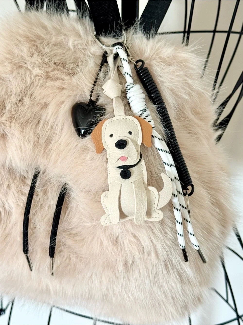 New Women’s Cream Color Soft Faux Fur Mini Backpack Purse w/ Dog Bag Charm